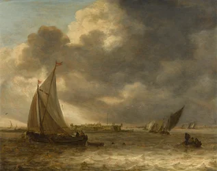 Uma paisagem fluvial com barcos à vela