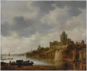 Holandês: Paisagem fluvial com vista para Valkhof, Nijmegen Paisagem fluvial com vista para Valkhof, Nijmegen