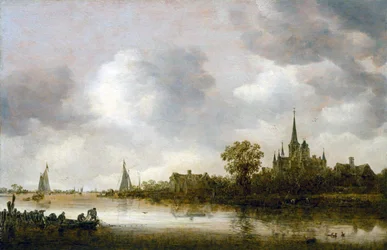 Paisagem fluvial com uma igreja ao longe
