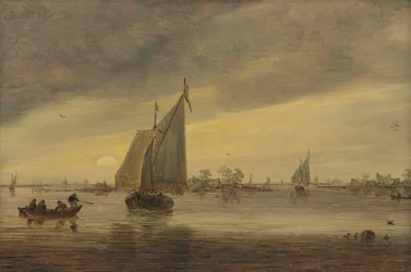Nascer do sol sobre o Haarlemmermeer com um navio e outros barcos