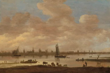 Vista de uma cidade imaginária através de um rio, com a Torre de Saint Pol em Vianen