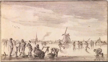 Paisagem de Inverno com patinadores e pescadores