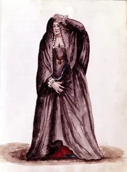 Uma cortesã veneziana no século XVIII. Desenho aquarelado e tinta do manuscrito "Costumes dos Venicianos" de Jan van Grevenbroeck (ou Giovanni Grevembroch (Grevenbroch) (1731-1807)
