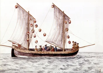 Um trabac veneziano com lanternas, barco de pesca utilizado em águas rasas como o Mar Adriático, desenho aquarelado e tinta do manuscrito "Costumes dos Venicianos" de Jan van Grevenbroeck (ou Giovanni Grevembroch (Grevenbroch) (1731-1807)