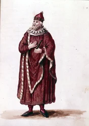 Um doge no século XI. Desenho aquarelado e tinta do manuscrito "Costumes dos Venicianos" de Jan van Grevenbroeck (ou Giovanni Grevembroch (Grevenbroch) (1731-1807)