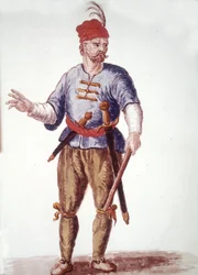Uma galeria no século XVIII. Desenho aquarelado e tinta do manuscrito "Costumes dos Venicianos" de Jan van Grevenbroeck (ou Giovanni Grevembroch (Grevenbroch) (1731-1807)