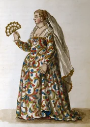 Uma dama no vestido de noite, a esposa de um dignitário (caneta e tinta e wc no papel)