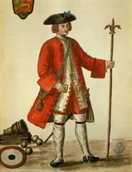 Um homem de artilharia da Marinha de Veneza em uniforme, tirado de Os trajes de Venicens por Giovanni di Grevembroch (1731-1807) Watercolour