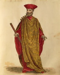 Capitano Generale Da Mar (Capitão General da Marinha) da República Sereníssima de Veneza, de Jan van Grevenbroeck ou Giovanni Grevembroch (1731-1807), Gli Abiti de Veneziani, a partir de um livro ilustrado de fantasias, aguarela