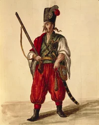 Uniforme carabineiros, de Jan van Grevenbroeck ou Giovanni Grevembroch (1731-1807), Gli Abiti de Veneziani, de livro ilustrado de fantasias, aguarela