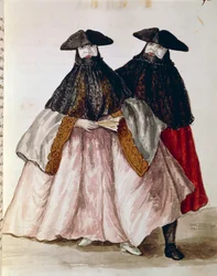 Personagens de Carnaval em Veneza, ilustração do livro Ilustrado de trajes venezianos, de Jan Grevenbroeck (1731-1807), aguarela, Itália