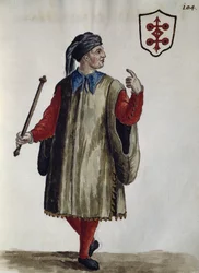 Vestido carrarês, aguarela de The Venetian clothes, de quase todas as idades, diligentemente recolhido e pintado no século XVIII, por Jan van Grevenbroeck ou Giovanni Grevembroch (1731-1807), Itália