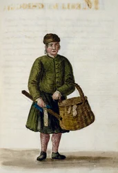 Vendedor de rendas de Chioggian, ilustração do manuscrito de roupas venezianas, Volume IV, c 68, de Jan Grevenbroeck (1731-1807), aguarela, Itália
