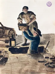 Limpeza do esgoto público, ilustração do livro Ilustrado de trajes venezianos, de Jan Grevenbroeck (1731-1807), aguarela, Itália