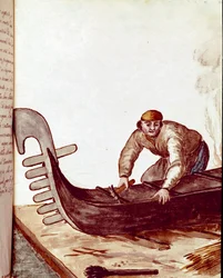 Artesanato: o fabricante de gôndolas desenho e tinta de um manuscrito de Jan van Grevenbroeck (ou Giovanni Grevembroch (Grevenbroch) (1731-1807)