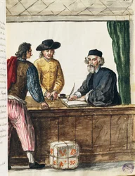 Distinto comerciante, ilustração do livro Ilustrado de trajes venezianos, de Jan Grevenbroeck (1731-1807), aguarela, Itália