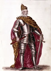 Doge Sebastiano Venier (1577 - 1578). Desenho aquarelado e tinta do manuscrito "Costumes dos Venicianos" de Jan van Grevenbroeck (ou Giovanni Grevembroch (Grevenbroch) (1731-1807)