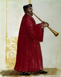 Tocador de flauta Desenho aquarelado e tinta do manuscrito "Costumes de Venicianos" de Jan van Grevenbroeck (ou Giovanni Grevembroch (Grevenbroch) (1731-1807)