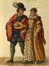 Gli Abiti de Veneziani de Jan van Grevenbroeck ou Giovanni Grevembroch, livro ilustrado de fantasias e máscaras, aguarela