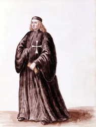 Cavaleiro de Malta. Desenho aquarelado e tinta do manuscrito "Costumes dos Venicianos" de Jan van Grevenbroeck (ou Giovanni Grevembroch (Grevenbroch) (1731-1807)