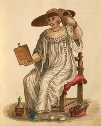 Lady putting on her make-up, de Jan van Grevenbroeck ou Giovanni Grevembroch (1731-1807), Gli Abiti de Veneziani, de livro ilustrado de fantasias, aguarela