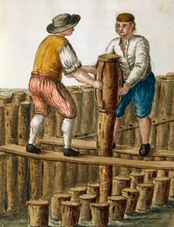 Lançamento das fundações da lagoa veneziana, ilustração de Jan van Grevenbroeck (1731-1807) do manuscrito Dress of Venetians, Itália