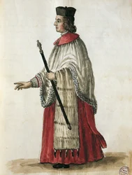 Mestre de Cerimônias na Igreja de São Marcos, tirado de Os trajes de Venicens por Giovanni di Grevembroch (1731-1807) Aquarela