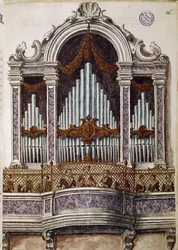 Canto dos órfãos, órgão do coro da igreja da Ospedale della Pieta, Veneza (Coro dos órfãos) Desenho aquarelado e tinta do manuscrito "Costumes dos Venicianos" de Jan van Grevenbroeck (ou Giovanni Grevembroch (Grevenbroch) (1731-1807)
