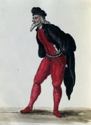 Pantaloon, Mercador de Veneza, ilustração de Fantasias de Veneza de quase todas as idades, diligentemente recolhida e pintada no século XVIII, Giovanni di Grevembroch (1731-1807)