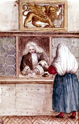 Loja de penhores. Monte da piedade em Veneza. Desenho aquarelado e tinta do manuscrito "Costumes dos Venicianos" de Jan van Grevenbroeck (ou Giovanni Grevembroch (Grevenbroch) (1731-1807)