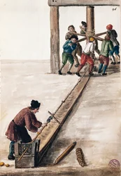 Varas de processamento para ilustração de menta do livro Ilustrado de trajes venezianos, de Jan Grevenbroeck (1731-1807), aguarela, Itália