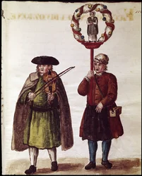 Celebração religiosa da canonização de um santo (celebração religiosa da canonização de um santo) Desenho aquarelado e tinta do manuscrito "Costumes dos Venicianos" de Jan van Grevenbroeck (ou Giovanni Grevembroch (Grevenbroch) (1731-180)