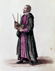 Representação de um arquiteto naval, ele segurou em suas mãos o modelo em miniatura do navio que ele construiu Detail. Desenho aquarelado e tinta do manuscrito "Costumes dos Venicianos" de Jan van Grevenbroeck (ou Giovanni Grevembroch (Grevenbroch) (1731-1