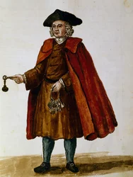 Vendedores de chaves de caixas privadas para espectáculos teatrais, aguarela de Giovanni Grevembroch, Itália
