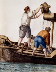 Peneirar as águas do canal em busca de objetos perdidos, ilustração do livro Ilustrado de trajes venezianos, de Jan Grevenbroeck (1731-1807), aquarela, Itália