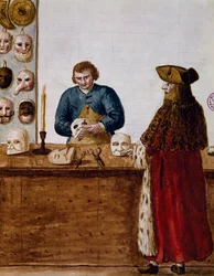 A loja de máscaras, ilustração do livro Ilustrado de trajes venezianos, Itália