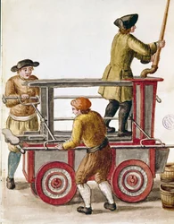 Uso de uma bomba de água ou bomba hidráulica Desenho aquarelado e tinta de um manuscrito de Jan van Grevenbroeck (ou Giovanni Grevembroch (Grevenbroch) (1731-1807)