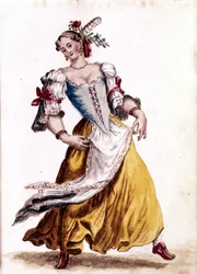 Dança veneziana. Desenho aquarelado e tinta do manuscrito "Costumes dos Venicianos" de Jan van Grevenbroeck (ou Giovanni Grevembroch (Grevenbroch) (1731-1807)