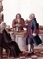 Nobres venezianos no café, um deles está a desfrutar de um chocolate. Desenho aquarelado e tinta do manuscrito "Costumes dos Venicianos" de Jan van Grevenbroeck (ou Giovanni Grevembroch (Grevenbroch)