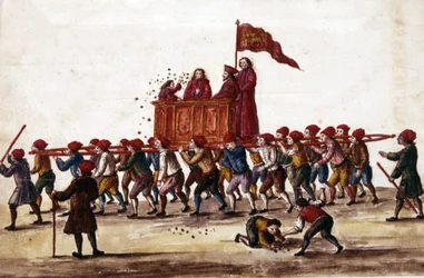 Festas venezianas. O príncipe que acaba de ser eleito é levado em triunfo pelos trabalhadores do Arsenal para a Praça de São Marcos. Durante o curso ele atira moedas para a multidão. Desenho aquarelado e tinta é tirada do manuscrito "Costumes dos Veniciano
