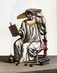O método das mulheres venezianas para clarear o cabelo ao sol nos séculos XVII - XVIII. Desenho aquarelado e tinta do manuscrito "Costumes dos Venicianos" de Jan van Grevenbroeck (ou Giovanni Grevembroch (Grevenbroch) (1731-1807)