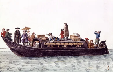 Barco da lagoa de Veneza para transporte de pessoas e mercadorias. Desenho aquarelado e tinta do manuscrito "Costumes dos Venicianos" de Jan van Grevenbroeck (ou Giovanni Grevembroch (Grevenbroch) (1731-1807)