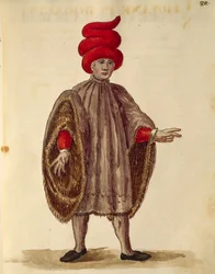 Jovem usando "Dogalina", túnica formal com mangas largas, de Jan van Grevenbroeck ou Giovanni Grevembroch (1731-1807), Gli Abiti de Veneziani, de livro ilustrado de fantasias, aguarela