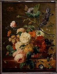 Cesto de flores com borboletas. Pintura de Jan Van Huysum (1682-1749) Ec. Hol.
