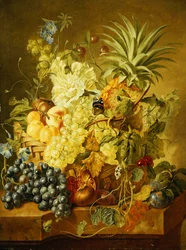Ameixas, um pêssego, uvas, um melão, um abacaxi, um figo, groselhas, cerejas e flores em uma cesta e uvas, uma romã, ameixas e figos, com borboletas em uma borda de pedra