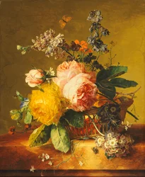 Rosas e outras flores em uma cesta em uma borda de mármore, c.1742