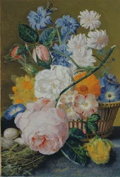Rosas, glórias-da-manhã, narcisos, ásteres e outras flores num cesto, com ovos num ninho sobre uma saliência de mármore, 1744