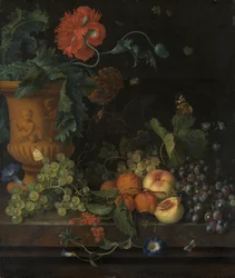 Vaso de terracota com flores e frutas