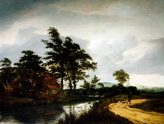 A River Landscape with a Cottage, Two Peasants and their Dog (óleo sobre painel)