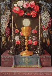 Um Cálice com a Eucaristia em uma cartela decorada com flores e frutas, c.1664